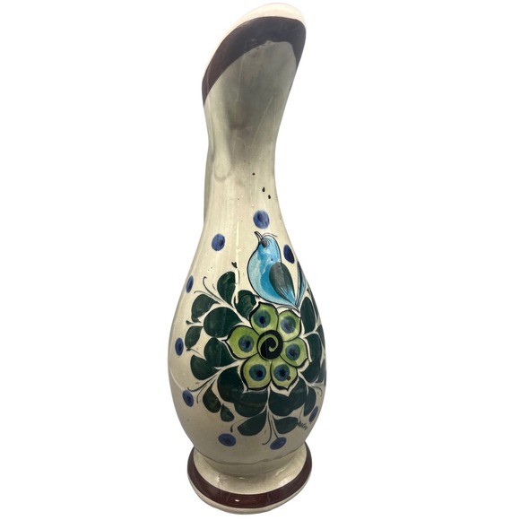 Vtg Tonala Mexico Pottery Lg 11" Floral Bird Blue Green Vase/Pitcher Folk Art - Picture 1 of 10